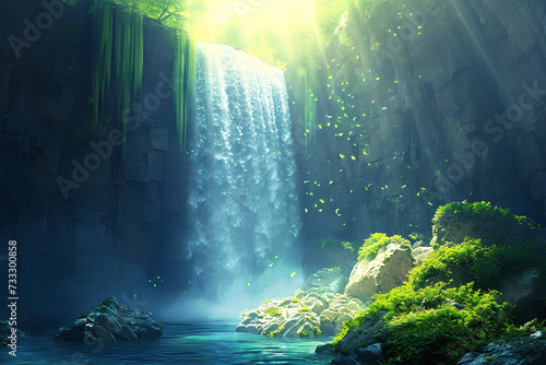 An ethereal scene unfolds as the waterfall cascades into a fantastical realm beyond imagination.