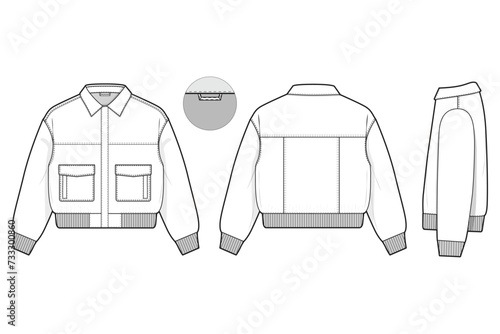 cropped collared flight bomber jacket flat technical drawing illustration mock-up template for design and tech packs men or unisex fashion CAD streetwear women workwear utility