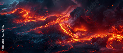 flow of molten lava, glowing red and orange, moving across a dark landscape