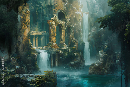An ethereal scene unfolds as the waterfall cascades into a fantastical realm beyond imagination.