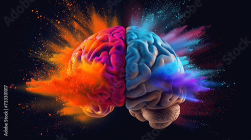 Vibrant Human Brain Representation with Colorful Particle Explosion on Dark Background