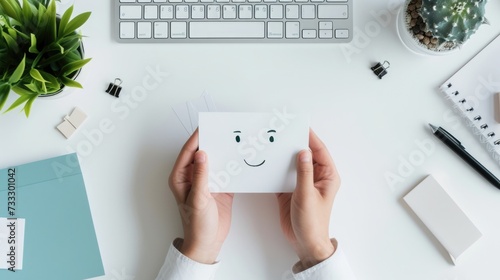 Top-down view of hands holding smiling face on paper, mental health and wellness, promoting focus and positivity in education, Workspace setup for learning and creativity