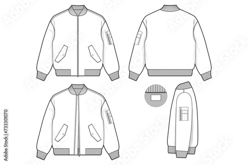 MA-1 zip military bomber jacket flight coat flat technical drawing illustration mock-up template for design and tech packs men or unisex fashion CAD streetwear women workwear utility