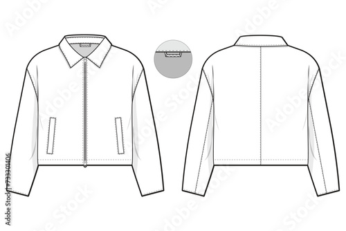cropped Zip work jacket collared flat technical drawing illustration mock-up template for design and tech packs men or unisex fashion CAD streetwear women workwear utility