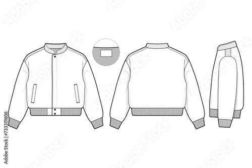 cropped racing bomber jacket flat technical drawing illustration mock-up template for design and tech packs men or unisex fashion CAD streetwear women workwear utility