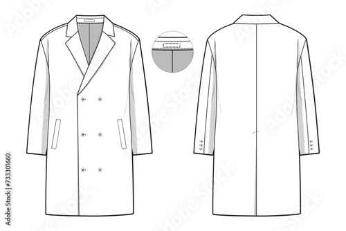 double breasted coat jacket collared flat technical drawing illustration mock-up template for design and tech packs men or unisex fashion CAD streetwear women workwear utility