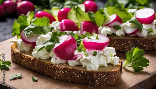 A slice of bread with cheese and radishes on top