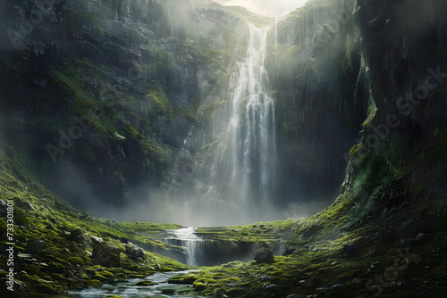 An ethereal scene unfolds as the waterfall cascades into a fantastical realm beyond imagination.