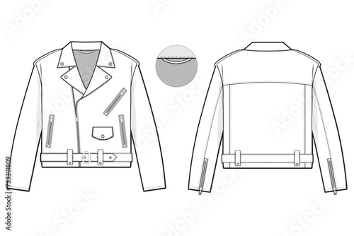 motorcycle biker cafe racer jacket flat technical drawing illustration mock-up template for design and tech packs men or unisex fashion CAD streetwear women workwear utility