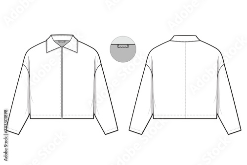 cropped zip work jacket collared flat technical drawing illustration mock-up template for design and tech packs men or unisex fashion CAD streetwear women workwear utility