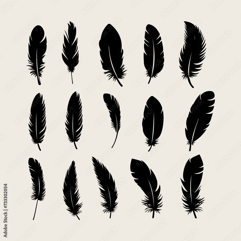 Feather black silhouette. Hand sketching feather icons and vector illustration
 - obrazy, fototapety, plakaty 
