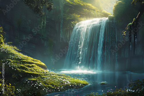 An ethereal scene unfolds as the waterfall cascades into a fantastical realm beyond imagination.