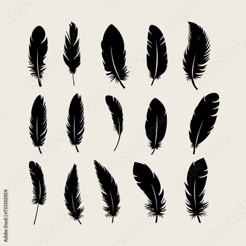 Feather black silhouette. Hand sketching feather icons and vector illustration 