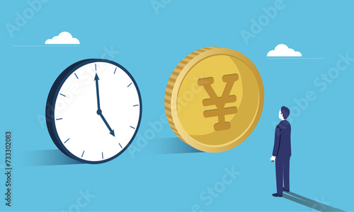時間とお金のイメージイラスト、立っているスーツの男性、ベクター