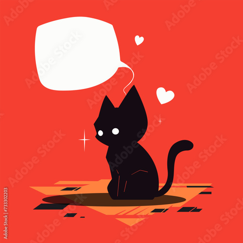 Valentine's Day concept cute hand drawn black cat with heart and text bubble on red background. Copy space template. Simple shapes vector illustration. Geometric style. Minimalistic greeting card.