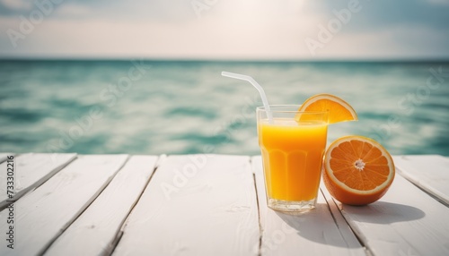 A glass of orange juice with a straw and two oranges