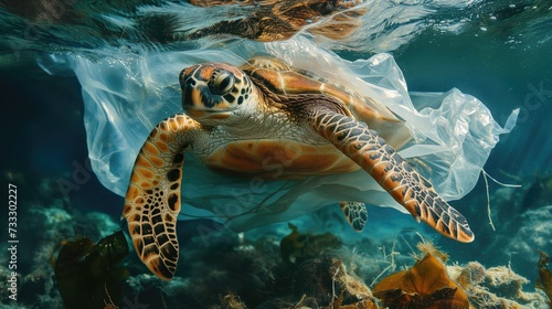 Plastic pollution in ocean, Environmental problem. Turtles eat plastic bags mistaking them for jellyfish, generative ai