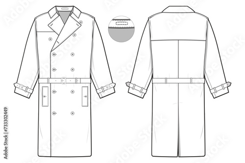 long button trench coat jacket collared flat technical drawing illustration mock-up template for design and tech packs men or unisex fashion CAD streetwear women workwear utility