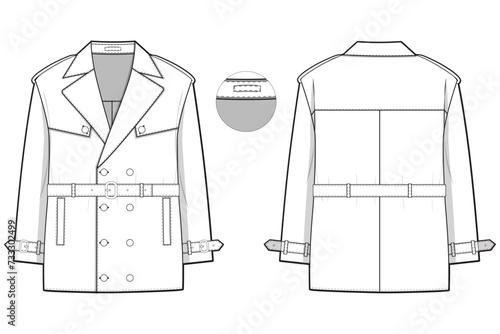 short trench coat jacket flat technical drawing illustration mock-up template for design and tech packs men or unisex fashion CAD streetwear women workwear utility