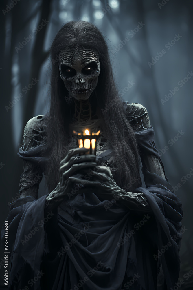 Gothic Horror Art of a Skeletal Woman Holding a Lantern in a Dark Forest Gothic Horror Art of a Skeletal Woman Holding a Lantern in a Dark Forest