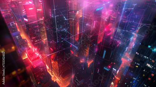 bird's-eye view of a city at night, with holographic data streams crisscrossing the sky, symbolizing global media connections powered by generative AI. photo