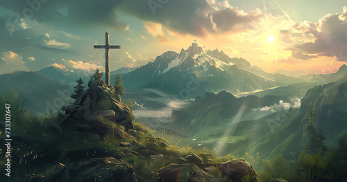 a cross on a mountaintop is under a sunlit sky in