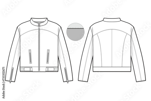 motorcycle biker cafe racer jacket flat technical drawing illustration mock-up template for design and tech packs men or unisex fashion CAD streetwear women workwear utility