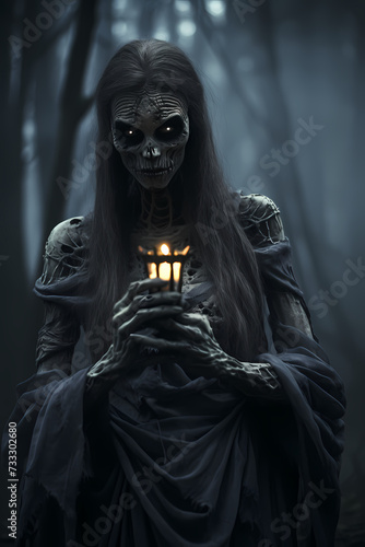 Zombie skeleton woman wearing dress holding candle at night in forest