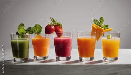 Four glasses of juice with fruit garnishes