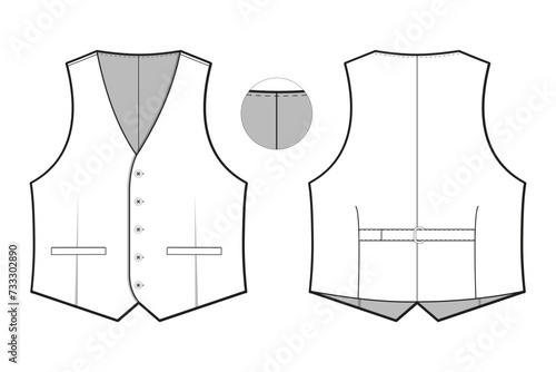 button waistcoat vest flat technical drawing illustration mock-up template for design and tech packs men or unisex fashion CAD streetwear women workwear utility