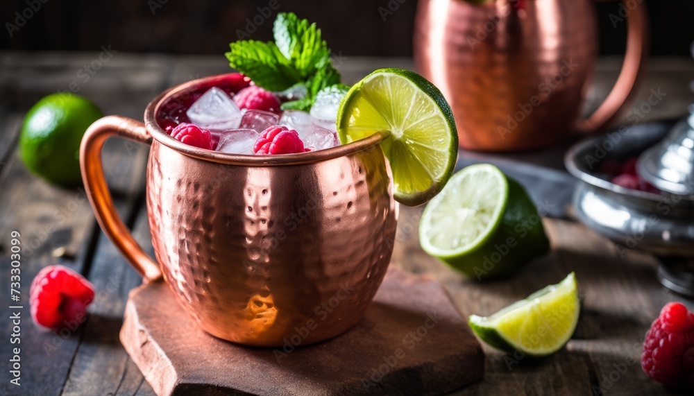A copper mug filled with raspberries, lime, and mint A copper mug filled with raspberries, lime, and mint