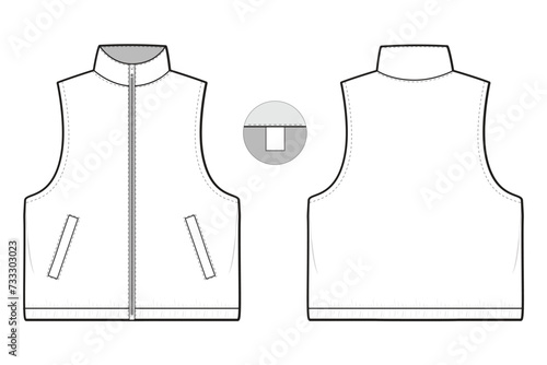 full zip running athletic vest flat technical drawing illustration mock-up template for design and tech packs men or unisex fashion CAD streetwear women workwear utility