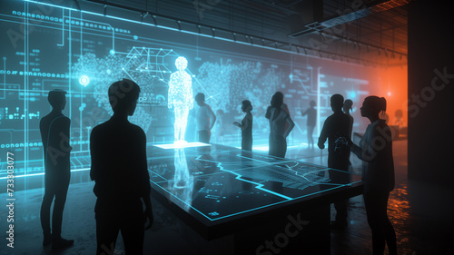 A digital art piece depicting a futuristic brainstorming session with a diverse team using holographic displays to visualize generative AI concepts.
