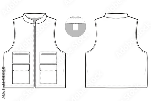 Zip tactical vest pockets flat technical drawing illustration mock-up template for design and tech packs men or unisex fashion CAD streetwear women workwear utility