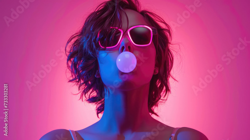 Playful funny woman in sunglasses blows up pink bubble gum on a pink background. photo