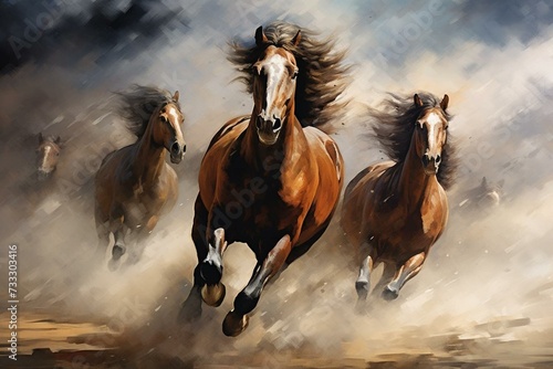 Energetic horses sprinting. Generative AI