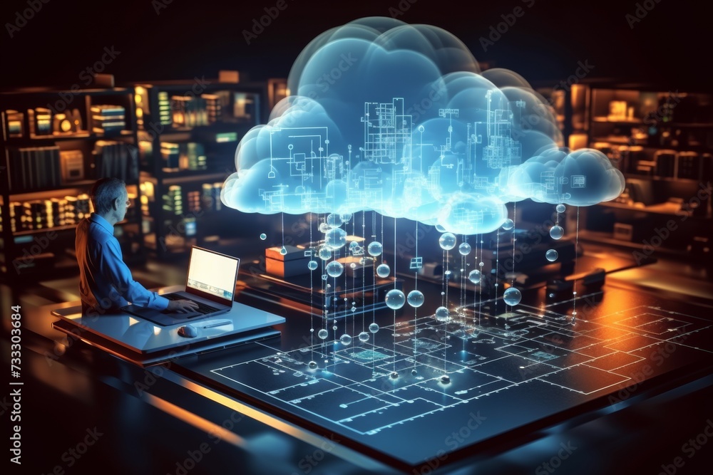 Visual representation of a smart city with digital cloud computing infrastructure over a laptop.