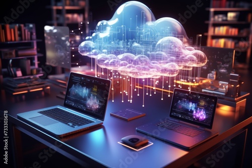 Visual representation of a smart city with digital cloud computing infrastructure over a laptop.