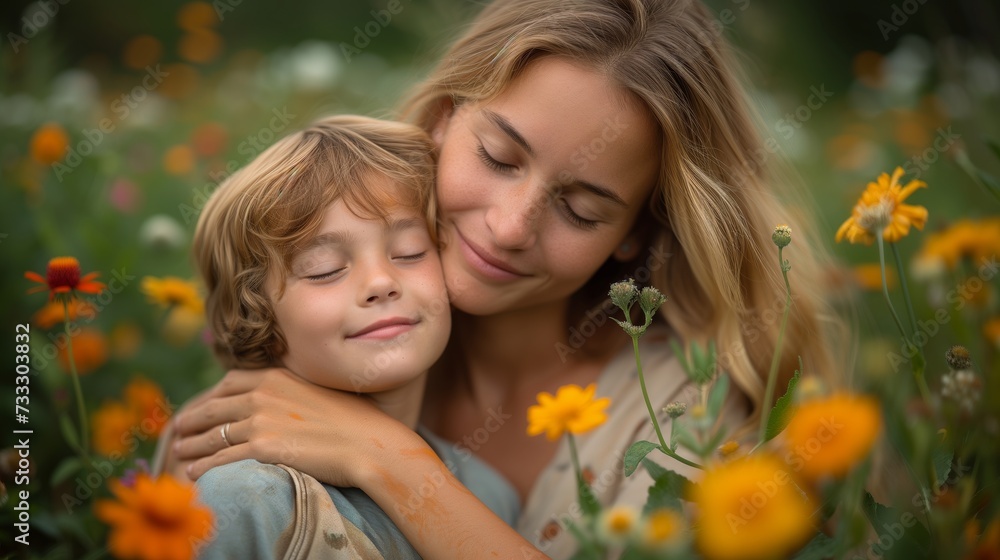 A Woman Hugging a Child in a Field of Flowers A Woman Hugging a Child in a Field of Flowers