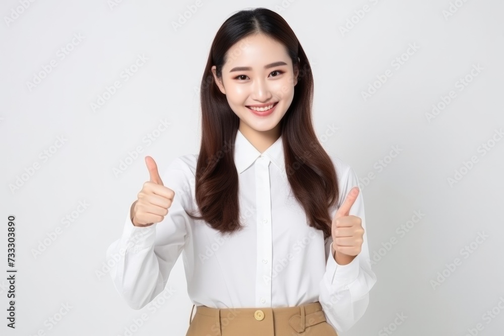 Smiling professional woman giving thumbs up in a white shirt, expressing approval and success. Smiling professional woman giving thumbs up in a white shirt, expressing approval and success.