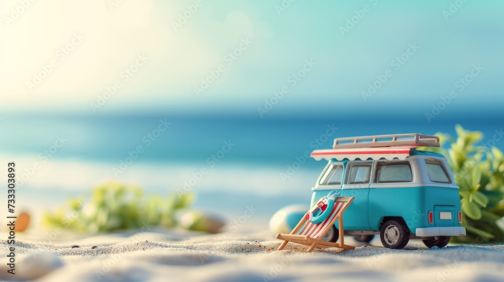 Small hippie blue minivan on the beach on a sunny summer day with a sunbathing chair. Summer holiday concept at sea or ocean - obrazy, fototapety, plakaty 