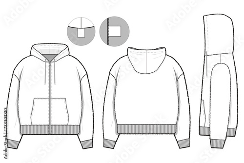 hooded teddy jacket zip up sherpa pile fleece flat technical drawing illustration mock-up template for design and tech packs men or unisex fashion CAD streetwear women workwear utility