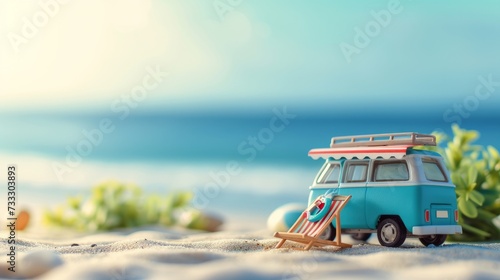 Small hippie blue minivan on the beach on a sunny summer day with a sunbathing chair. Summer holiday concept at sea or ocean