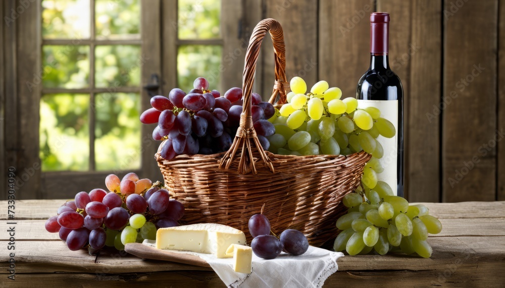 A basket of grapes and cheese on a table with a bottle of wine A basket of grapes and cheese on a table with a bottle of wine