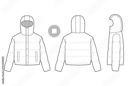 cropped hooded puffer jacket flat technical drawing illustration mock-up template for design and tech packs men or unisex fashion CAD streetwear women workwear utility