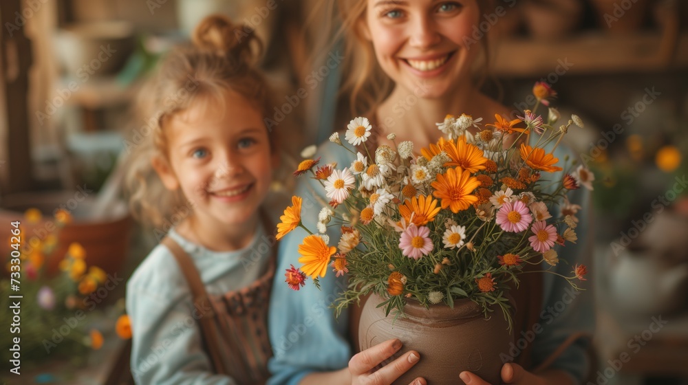 Mother and Daughter Sharing a Joyful Moment With a Bouquet on Mothers Day