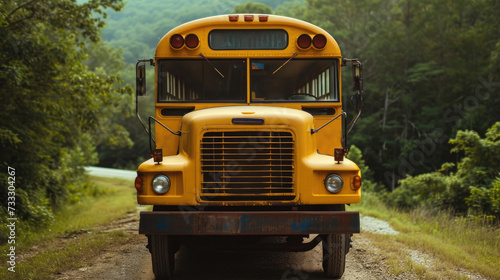 A yellow school bus on a rural road against a background of green forest.