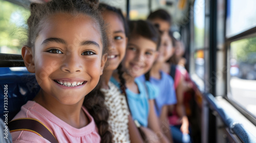 Smiling children in a school bus are on their way to school.