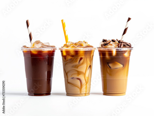 Iced coffees isolated on a white background in a minimalist style. photo