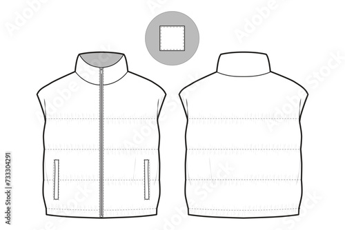 zip puffer vest flat technical drawing illustration mock-up template for design and tech packs men or unisex fashion CAD streetwear women workwear utility